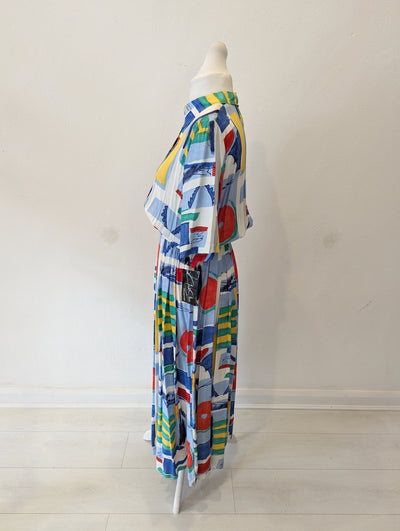 Gayle Glass’ 80s belted abstract, multicoloured midi dress - Size 16