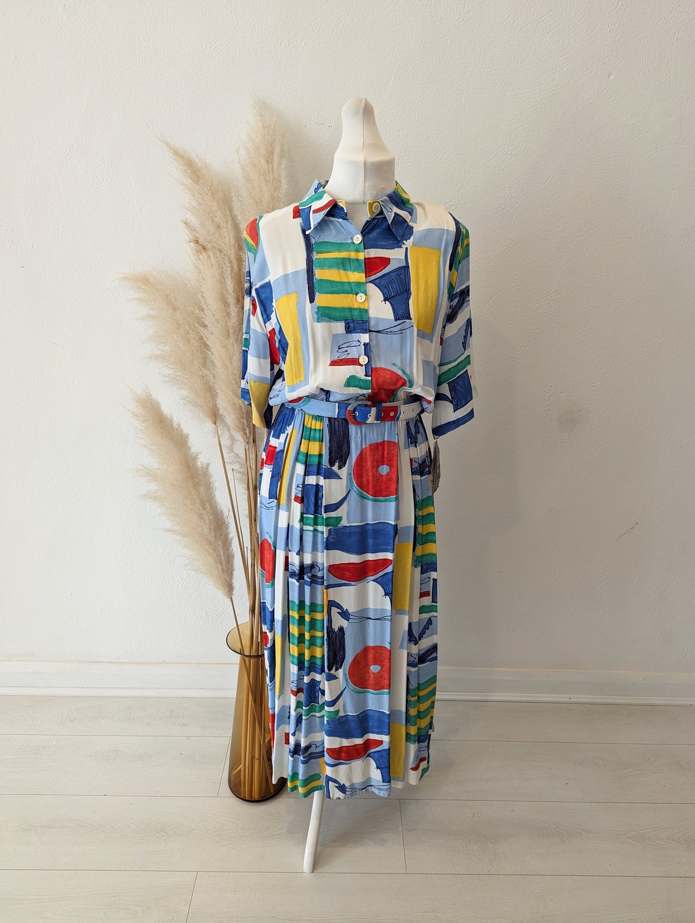 Gayle Glass’ 80s belted abstract, multicoloured midi dress - Size 16