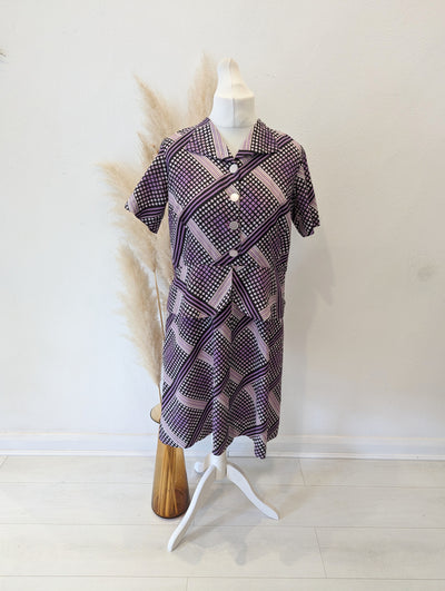 Purple abstract peplum evening dress - Size 16