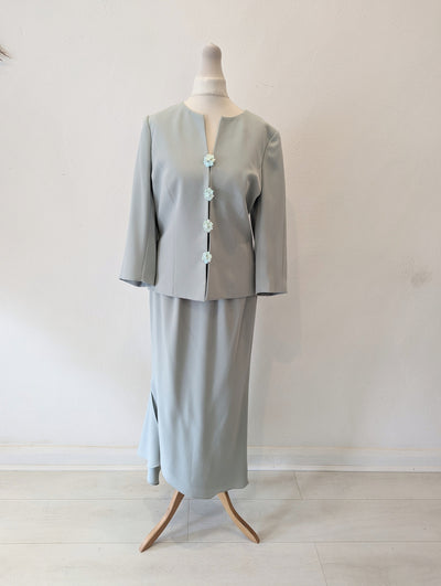 Frank Usher Pale Blue skirt suit with floral beaded buttons - size 12