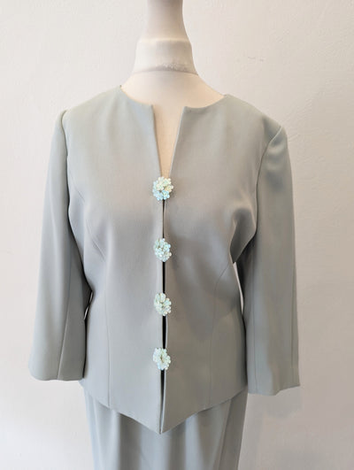 Frank Usher Pale Blue skirt suit with floral beaded buttons - size 12