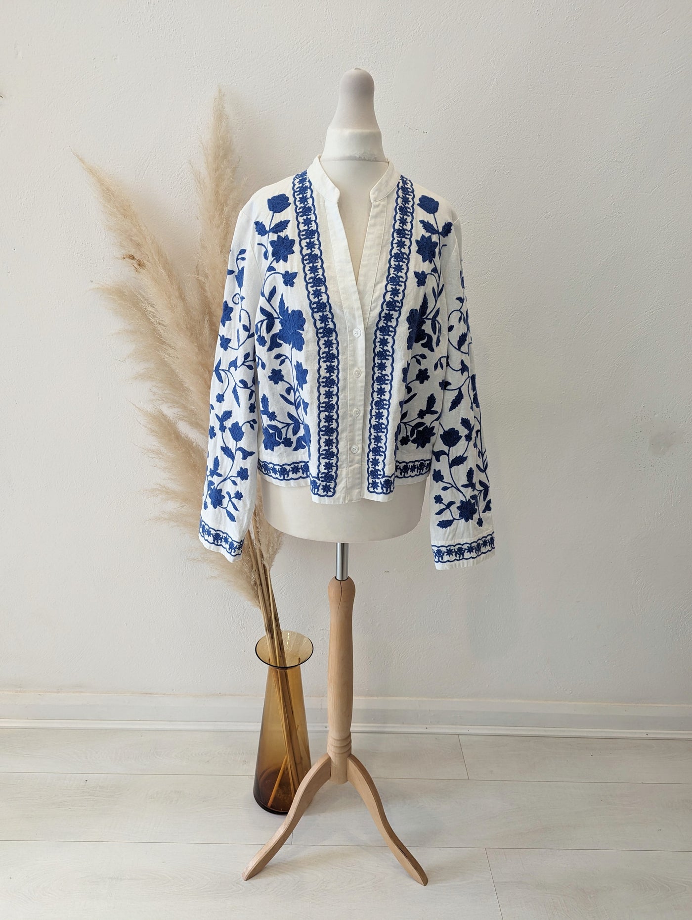 Zara White Blue Print Jacket S