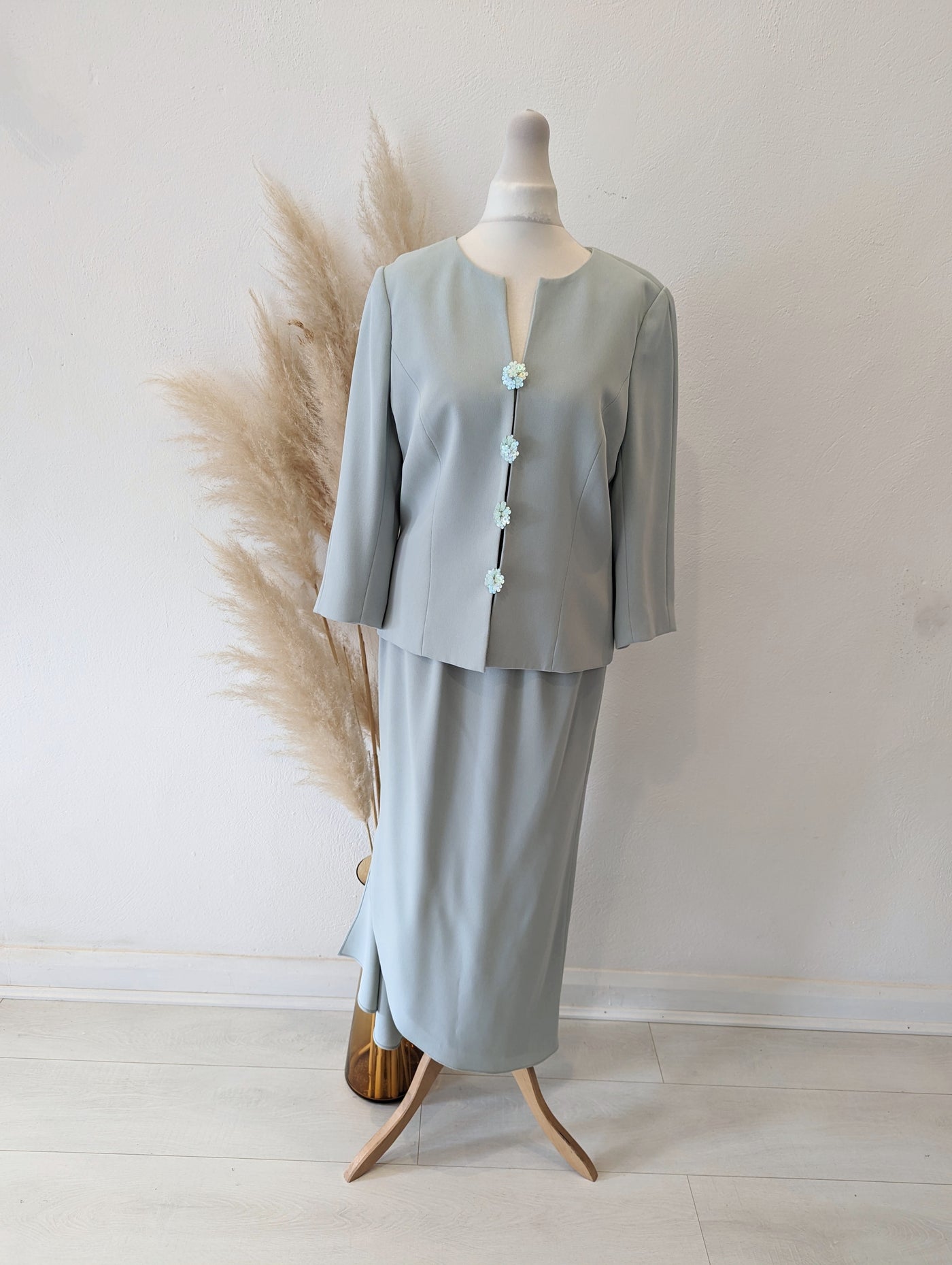 Frank Usher Pale Blue skirt suit with floral beaded buttons - size 12