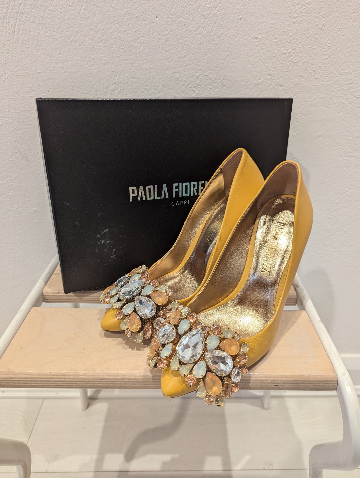 Paola Fiorenza mustard jewelled heels 4 RRP £199