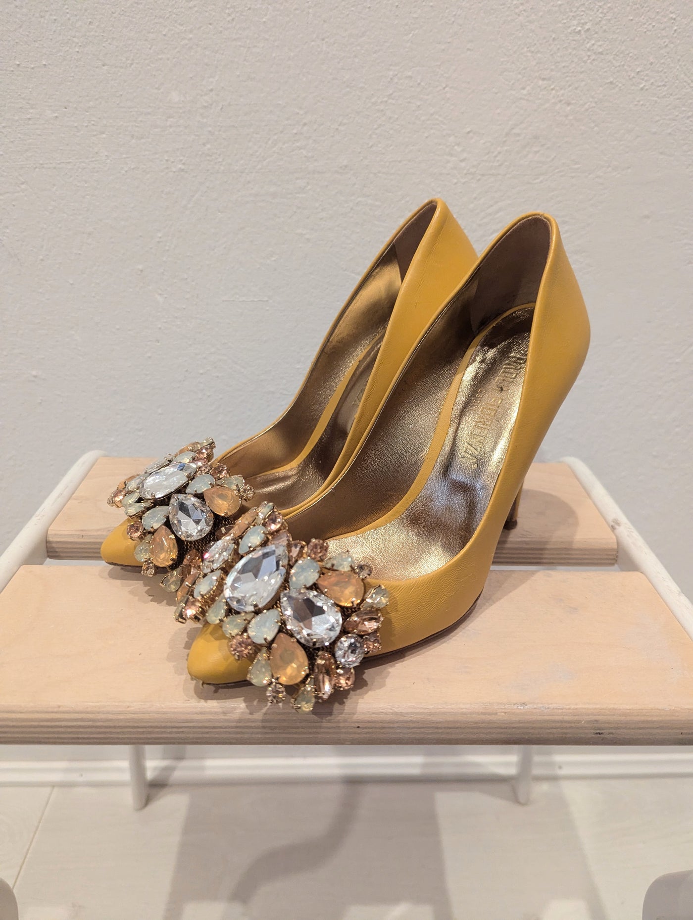 Paola Fiorenza mustard jewelled heels 4 RRP £199