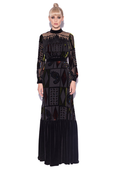 Nissa Black Fringed Velvet Maxi 10