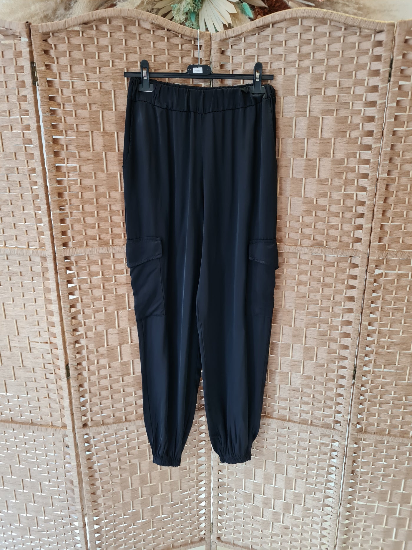 Hax Lux silk blend cargo trousers in black