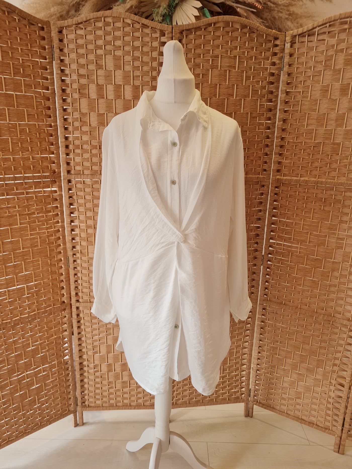 Knot front longline blouse in white