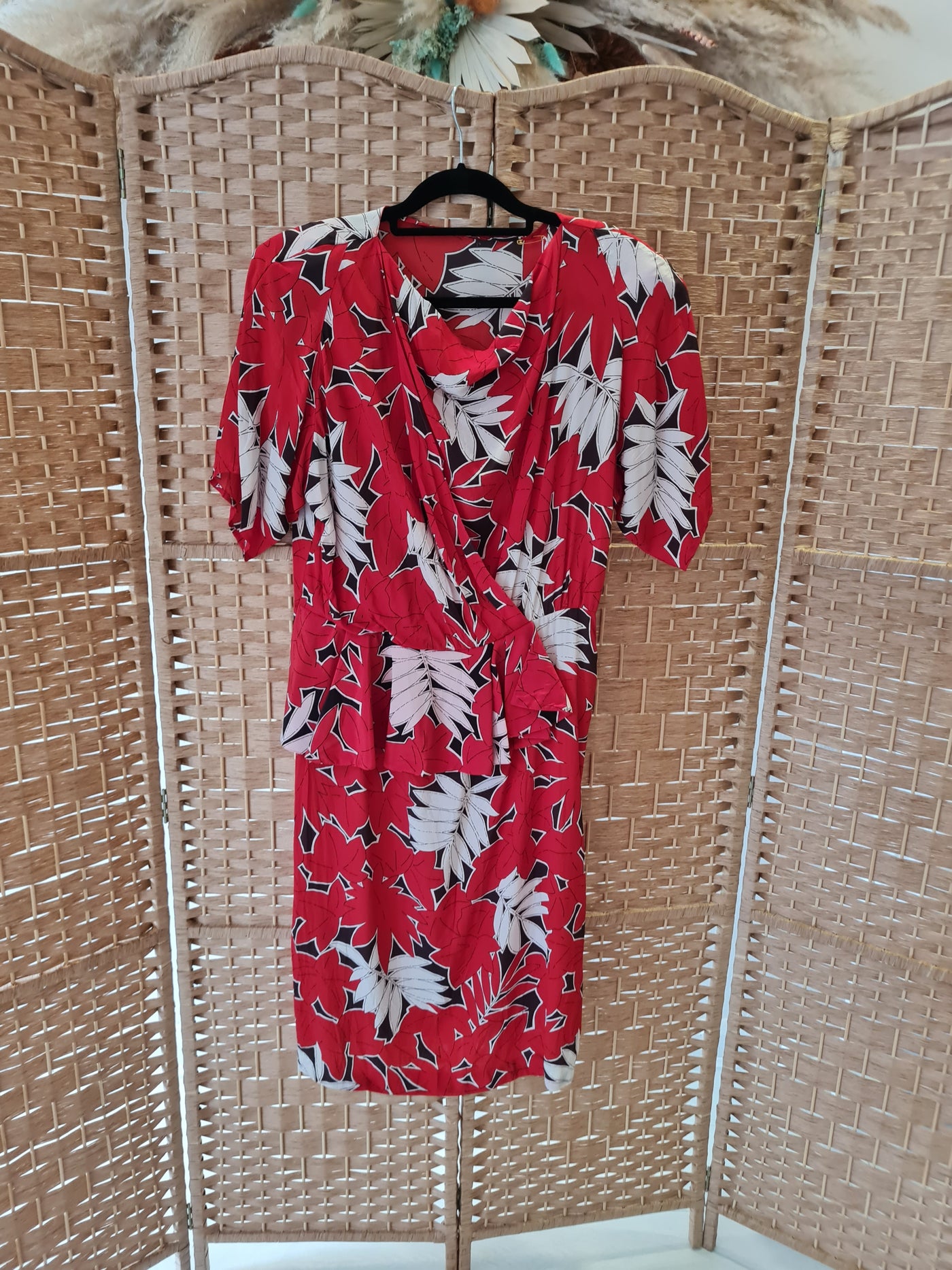 1980s Midi 'Red Fern' with peplum Dress 14/16