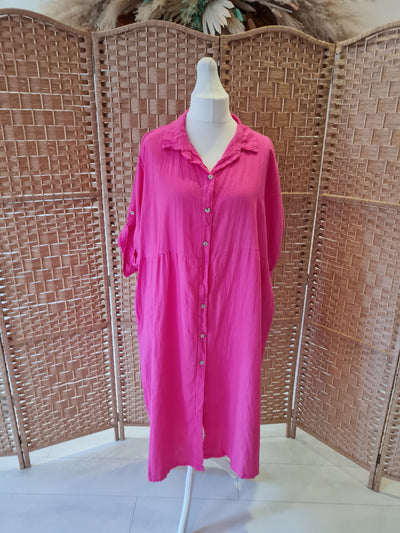 Hax Lux Lori Pink linen/cotton blend button down dress