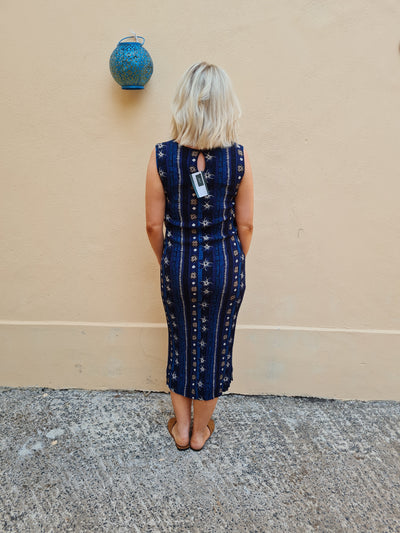 90s Sag Habour - blue print midi dress - sleeveless