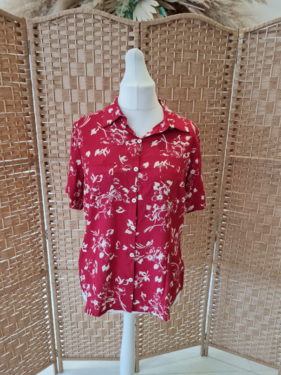 90s Floral Print Shirt - Red and Cream