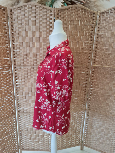 90s Floral Print Shirt - Red and Cream