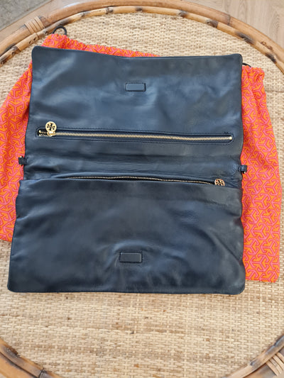 Tory Burch Navy Leather Fold Over Clutch