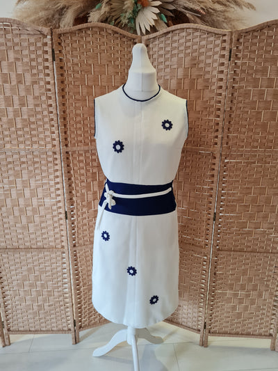 1960s White & Blue Daisy Dress 12/14