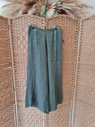Linen button front wide leg trousers in khaki