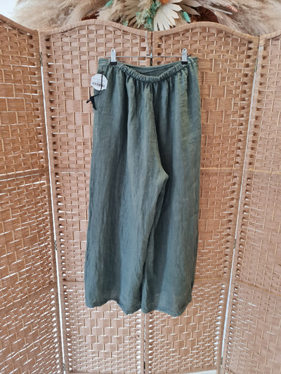 Linen button front wide leg trousers in khaki