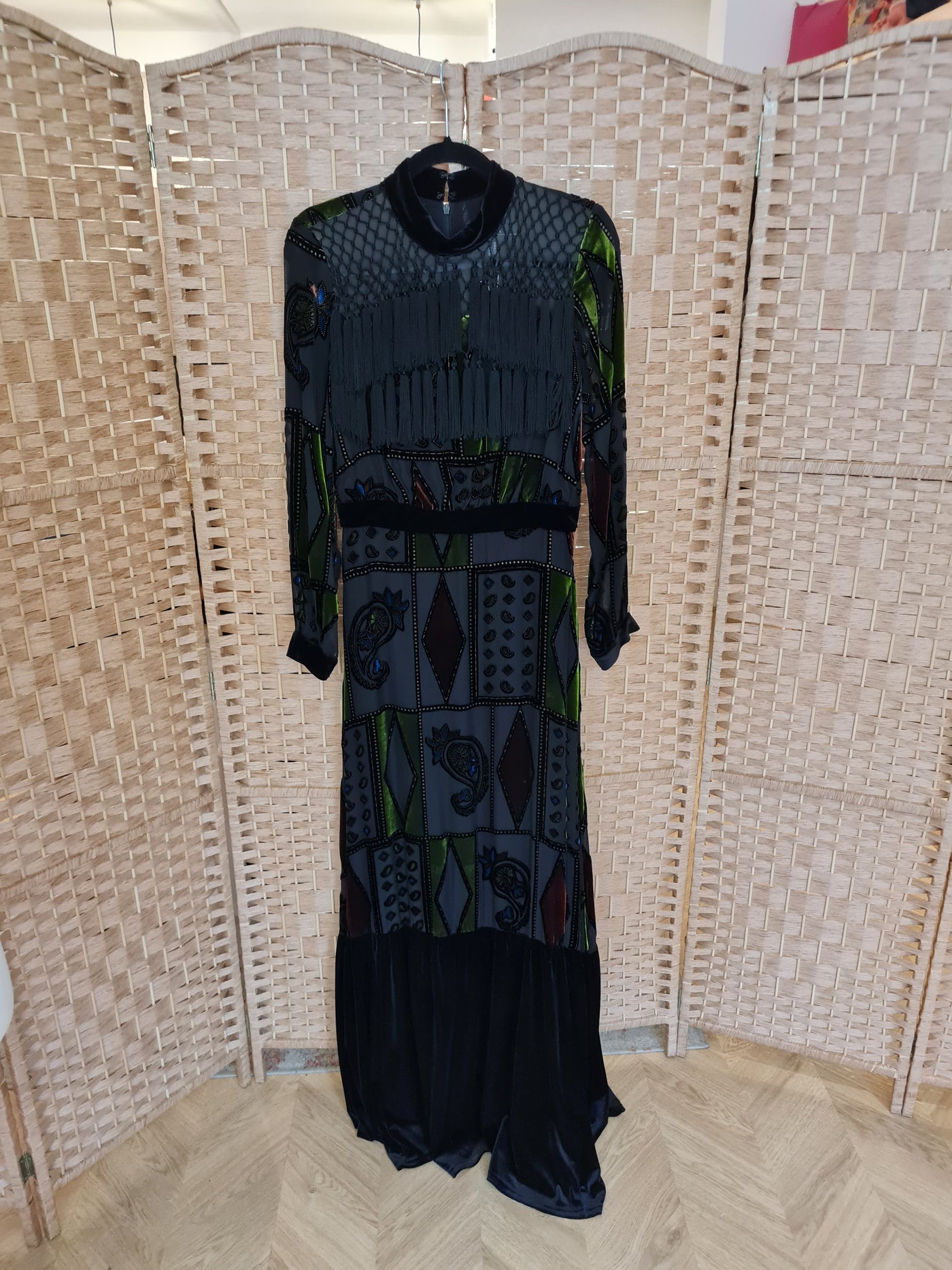 Nissa Black Fringed Velvet Maxi 10