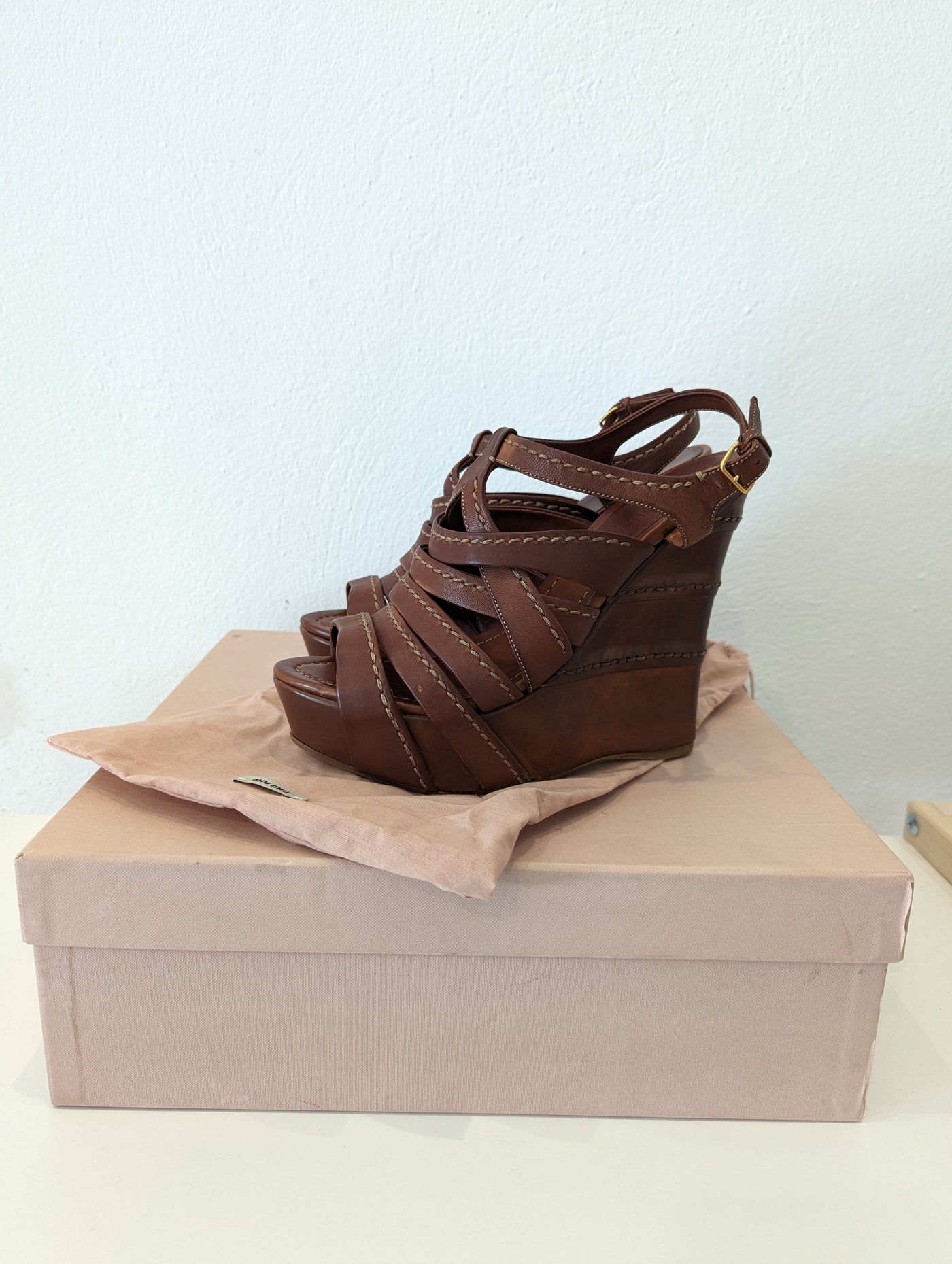 Miu Miu Brown Leather Wedges Size 38.5