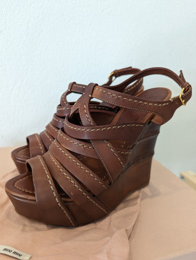 Miu Miu Brown Leather Wedges Size 38.5