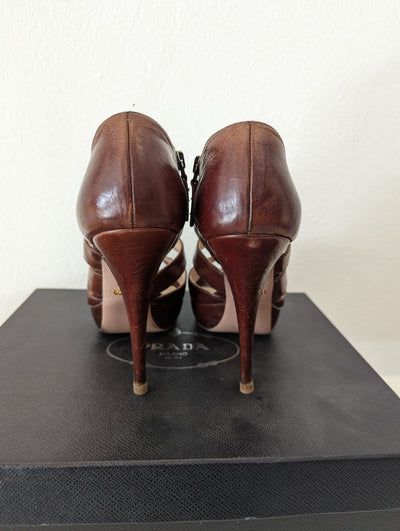 Prada Brown Leather Strappy Shoes Size 38.5
