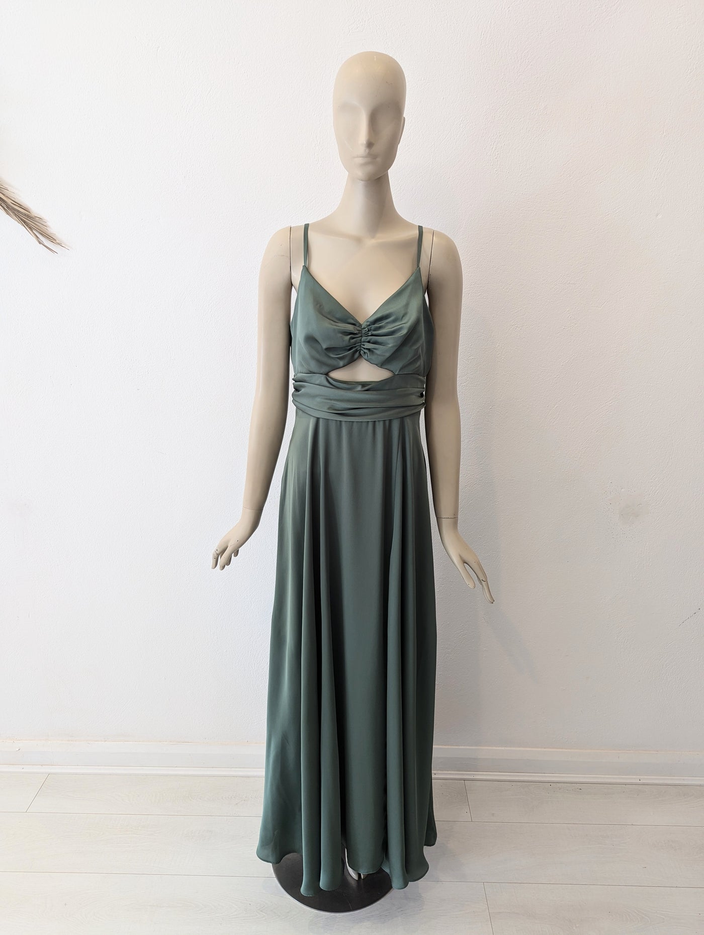 Green satin cutout dress 12