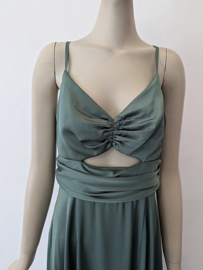 Green satin cutout dress 12