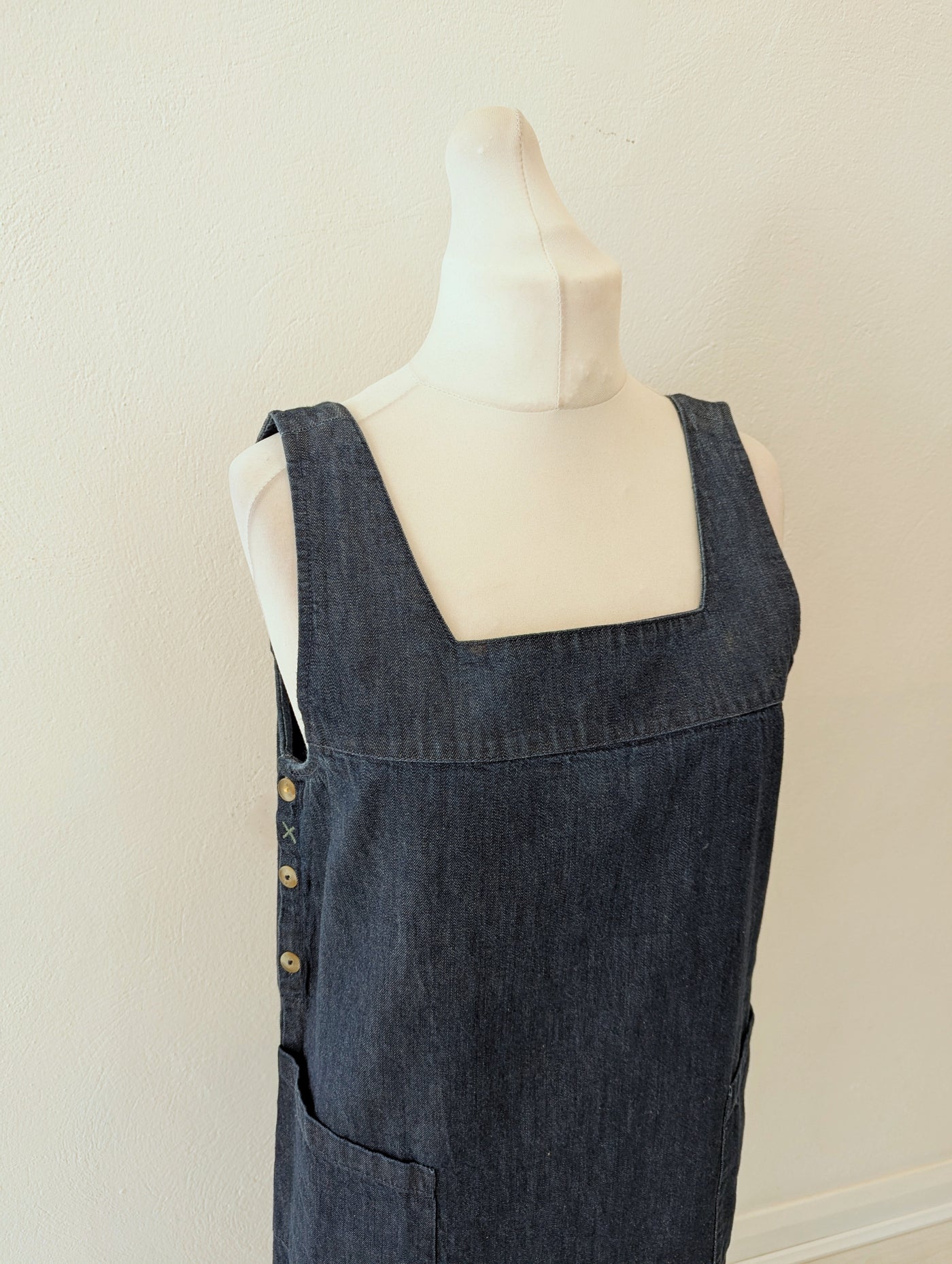 white stuff denim pinafore dress Lothbury Organic Denim Pinafore in MID DENIM