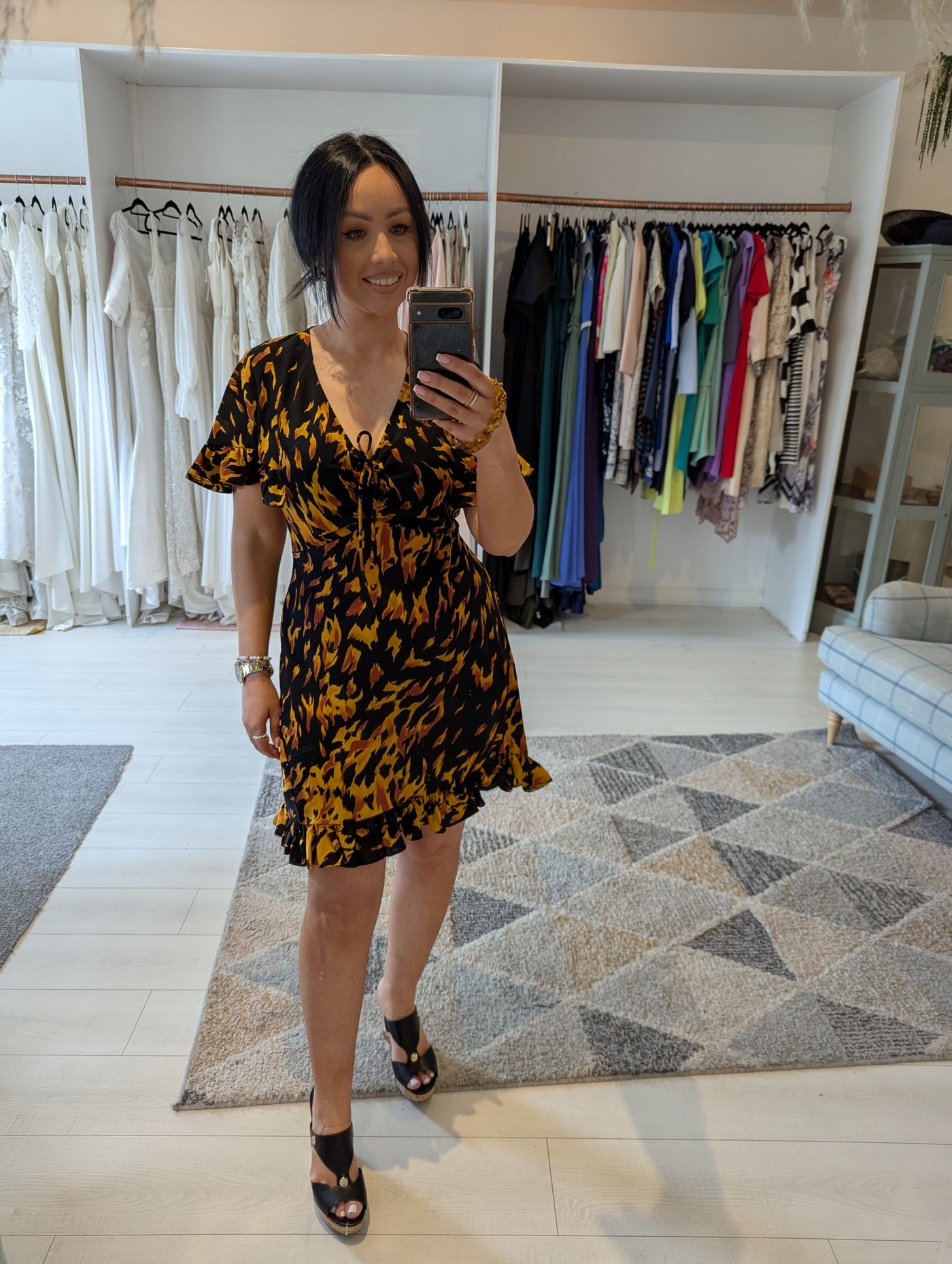 Topshop Black/ Mustard Print Dress 12