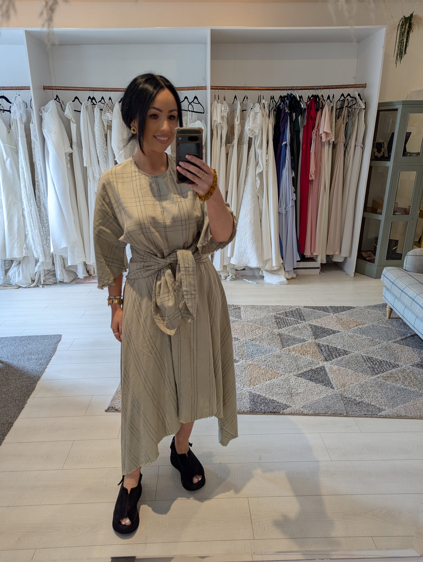 Zara Sage check Cotton Linen Dress M
