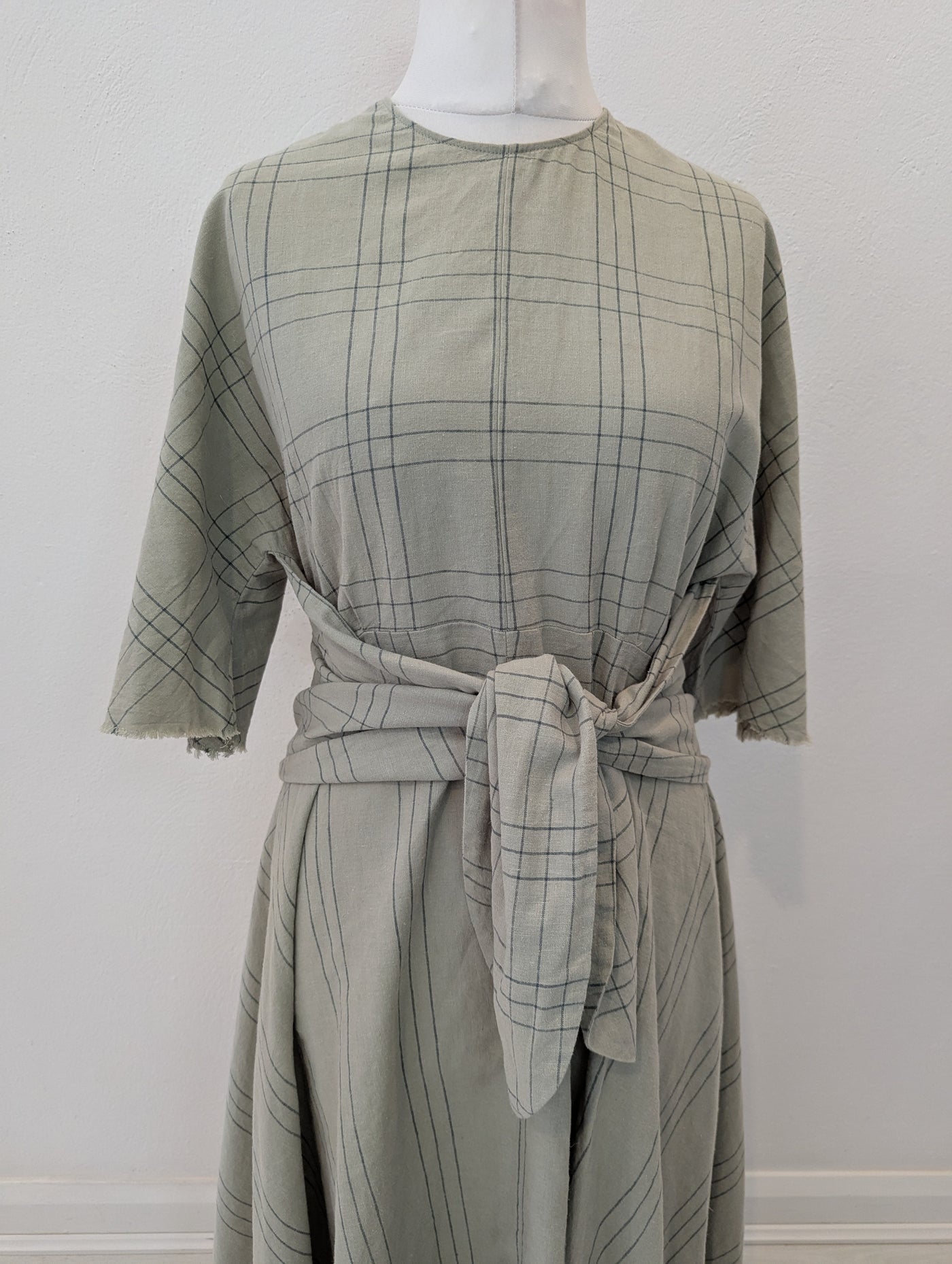 Zara Sage check Cotton Linen Dress M