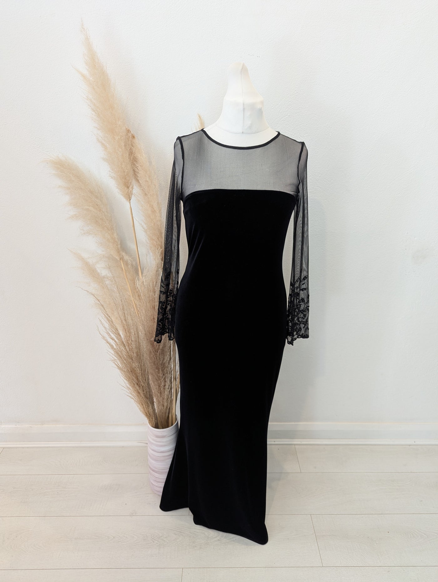 Black Velvet Sheer Sleeve Maxi Size 14