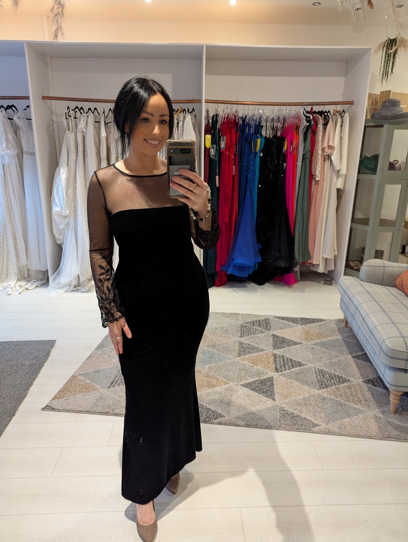 Black Velvet Sheer Sleeve Maxi Size 14