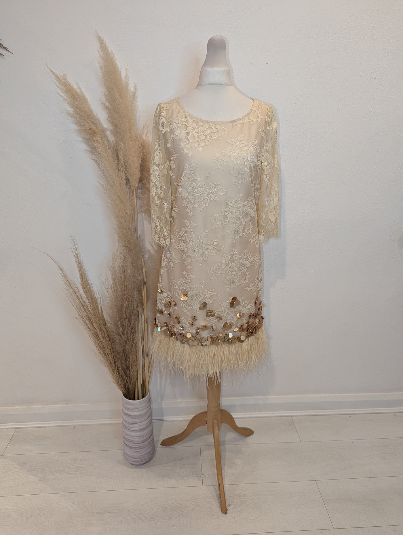 Monsoon Cream Lace & Feather Trim Dress 8