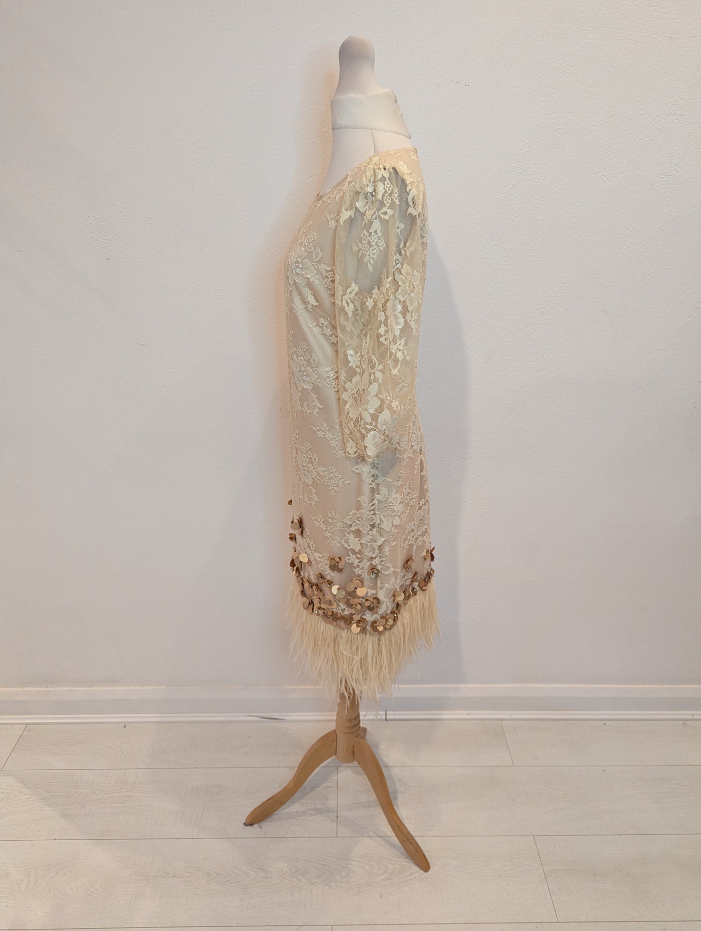 Monsoon Cream Lace & Feather Trim Dress 8