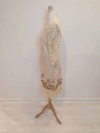 Monsoon Cream Lace & Feather Trim Dress 8