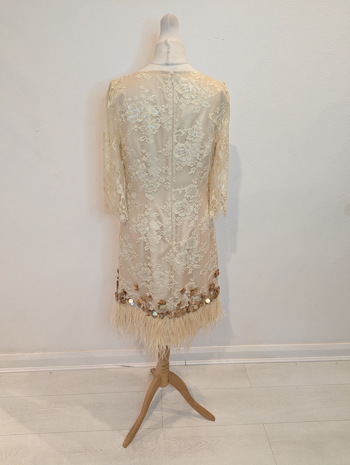 Monsoon Cream Lace & Feather Trim Dress 8