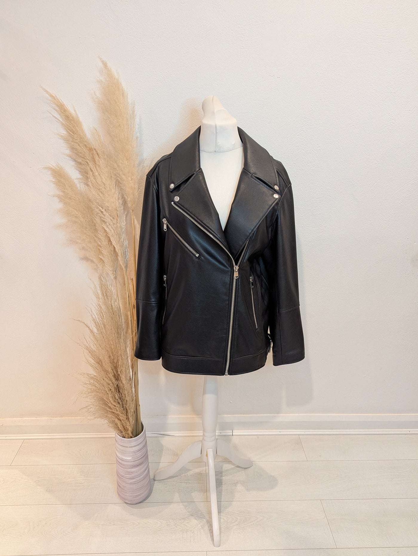 M&S black pleather biker jacket 16
