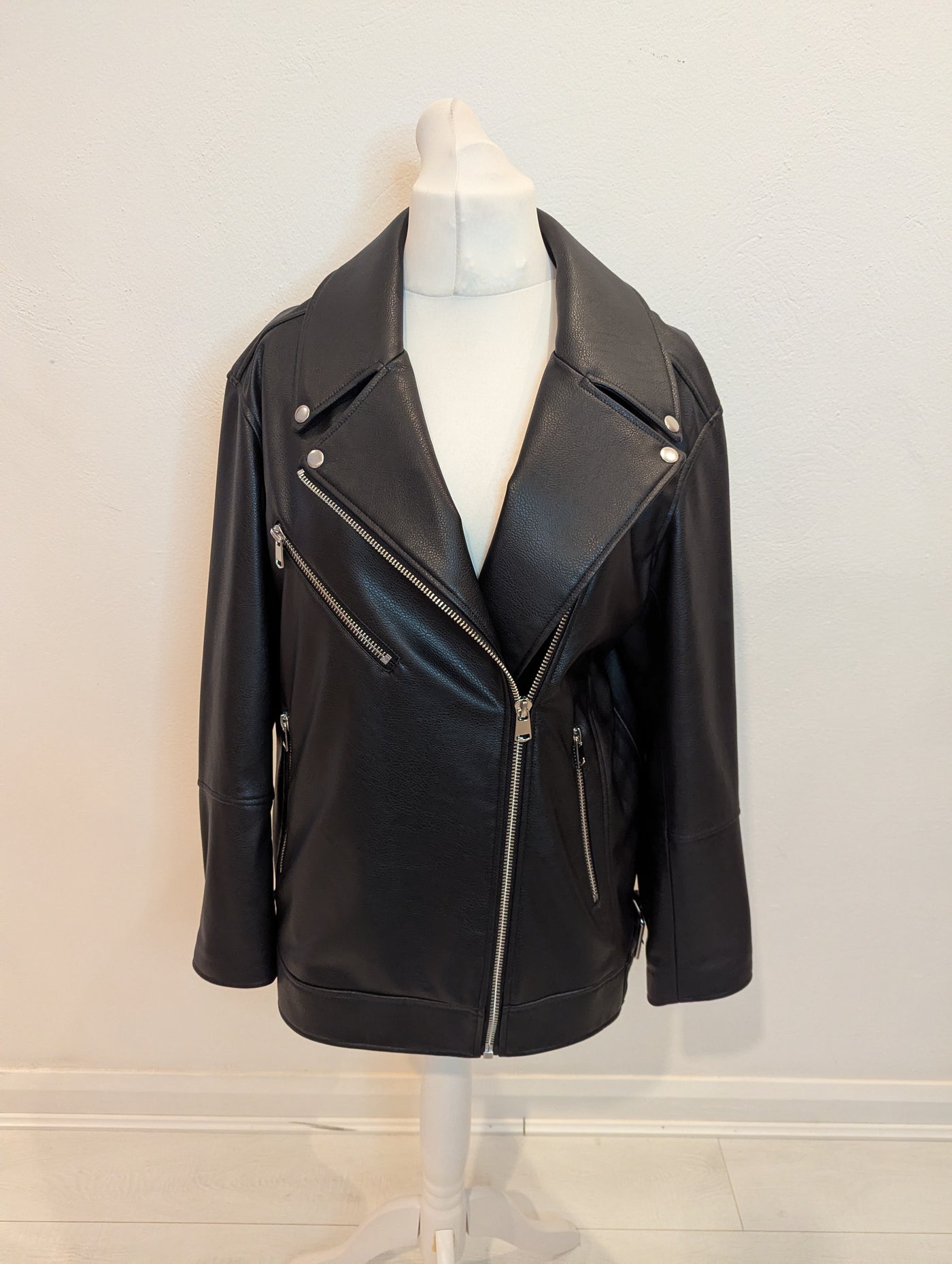 M&S black pleather biker jacket 16