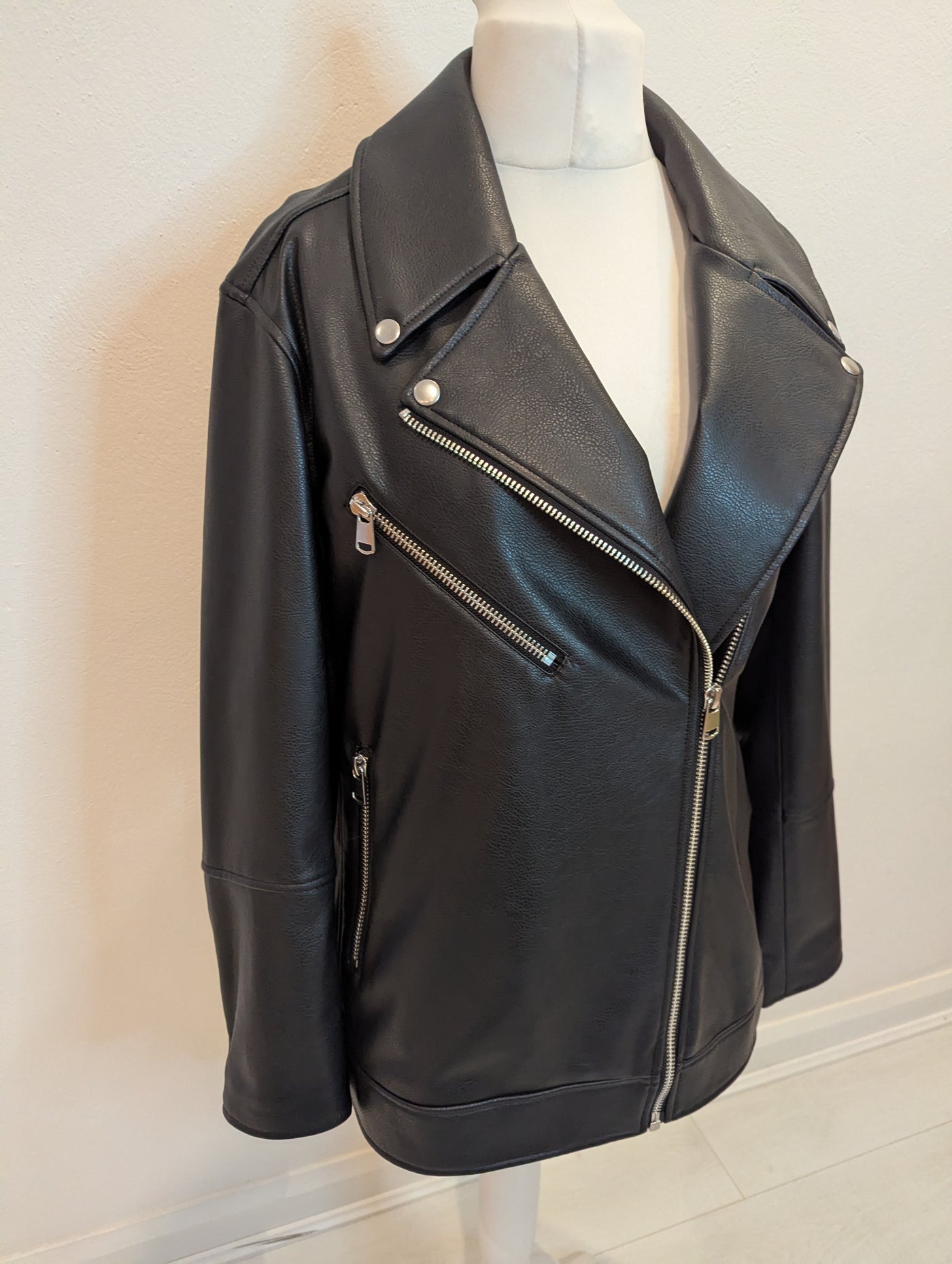 M&S black pleather biker jacket 16