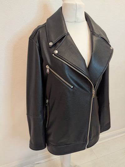 M&S black pleather biker jacket 16