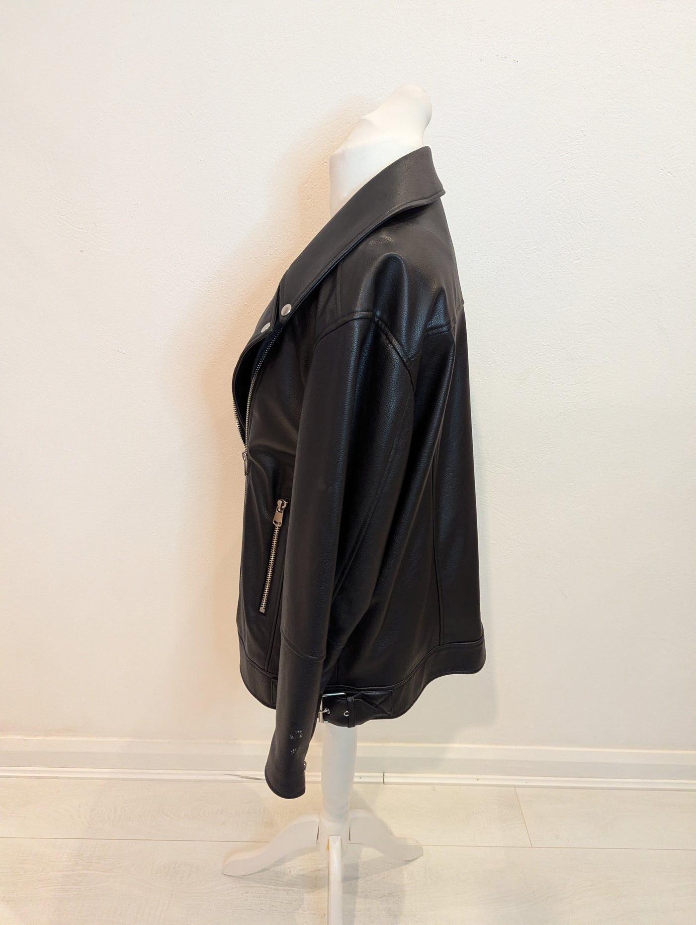 M&S black pleather biker jacket 16