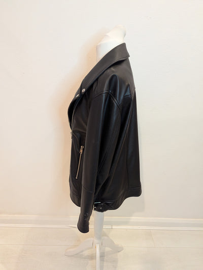M&S black pleather biker jacket 16