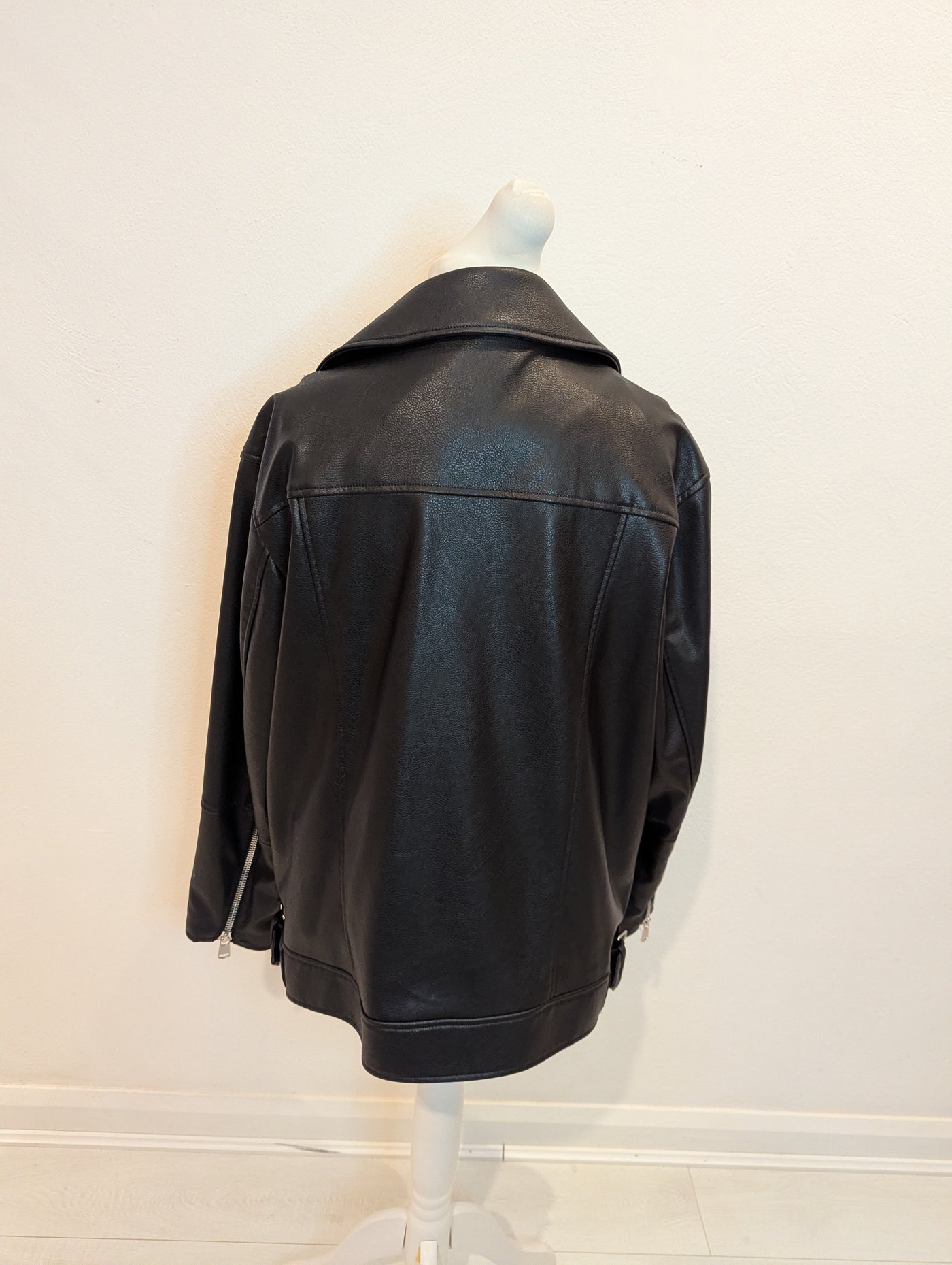 M&S black pleather biker jacket 16