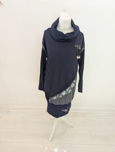 Derhy Navy Embellished Jumper Dress M