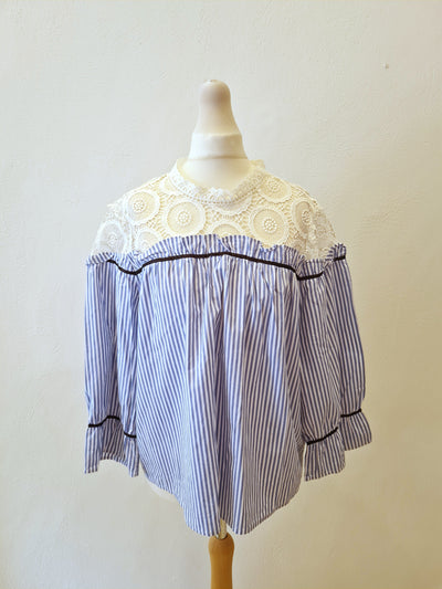 Silvian Heach Blue & White Stripe Lace Top M