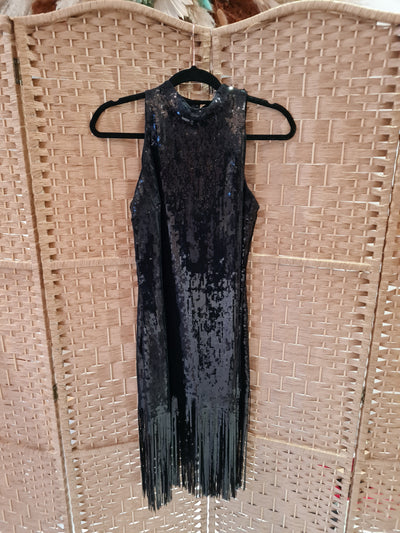 Zara Black Sequin Fringe Dress L