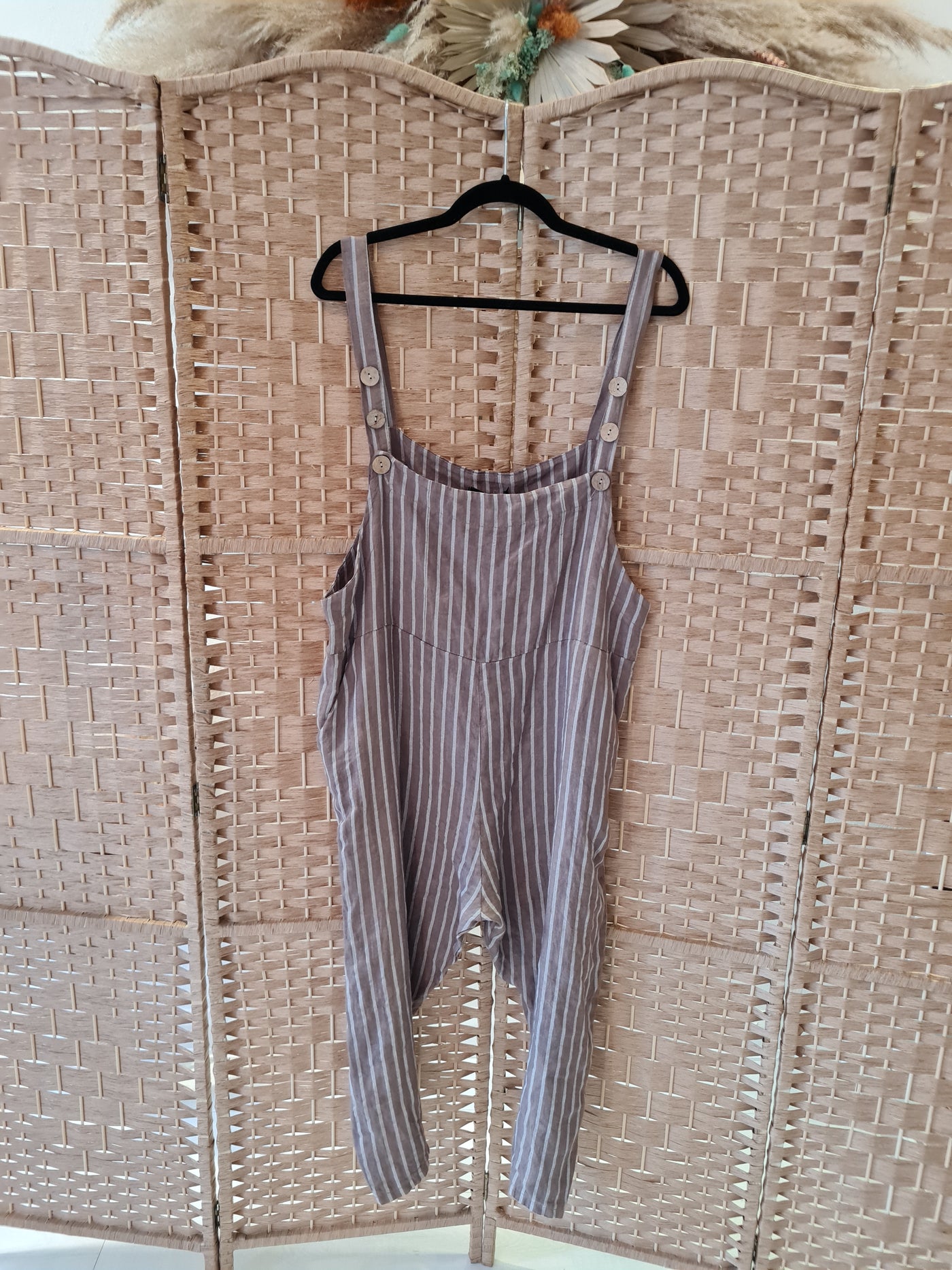 Charlie pinstripe pure linen dungarees in mocha