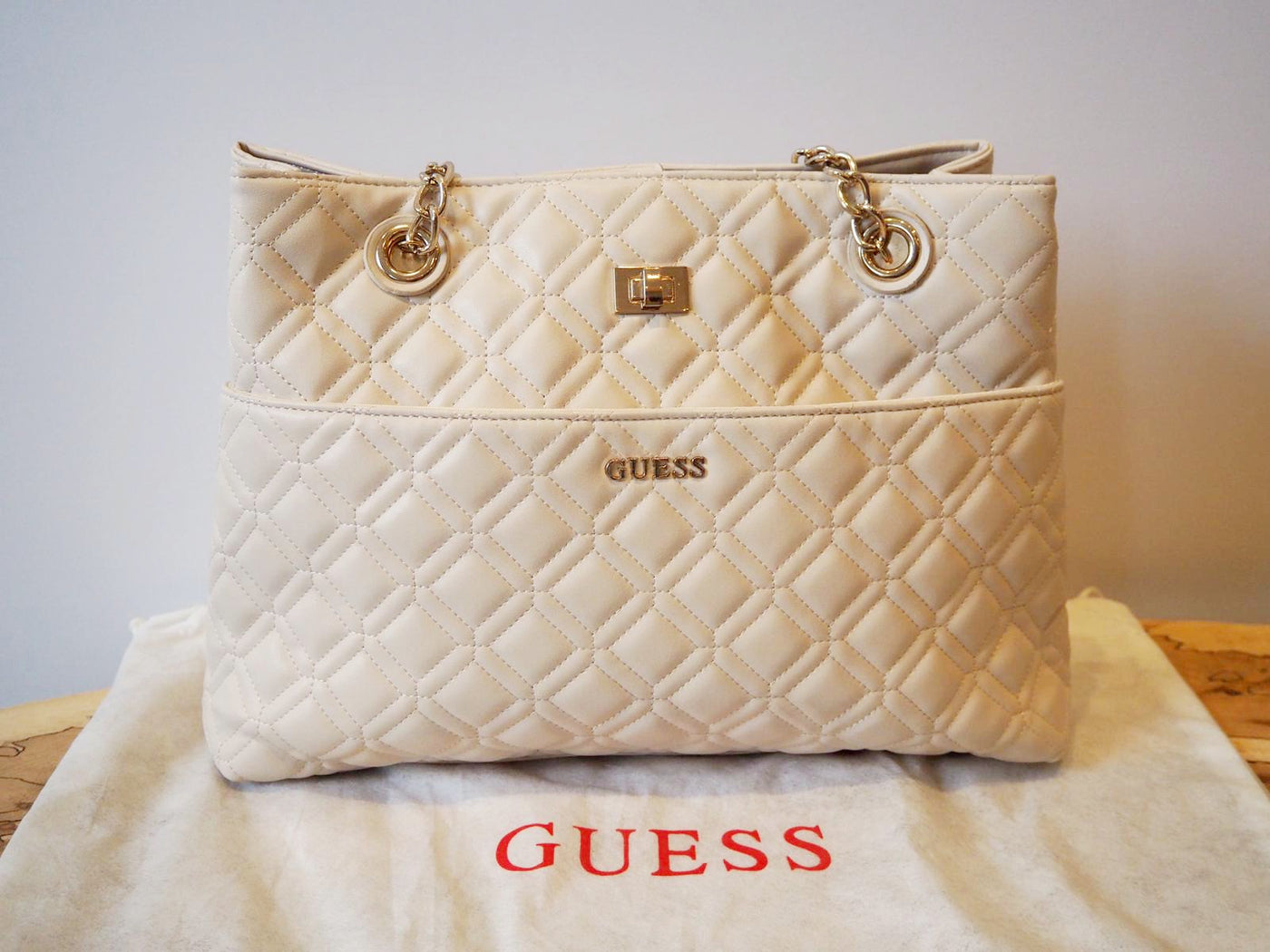 guess cream quilted bag